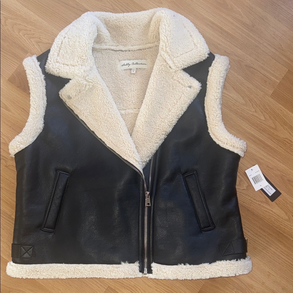 NWT Sebby Collection Black Cream Sherpa Lined Vest Moto XL Women’s